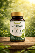 Bottle of Aerbonic Moringa capsules on a wooden surface with a natural background